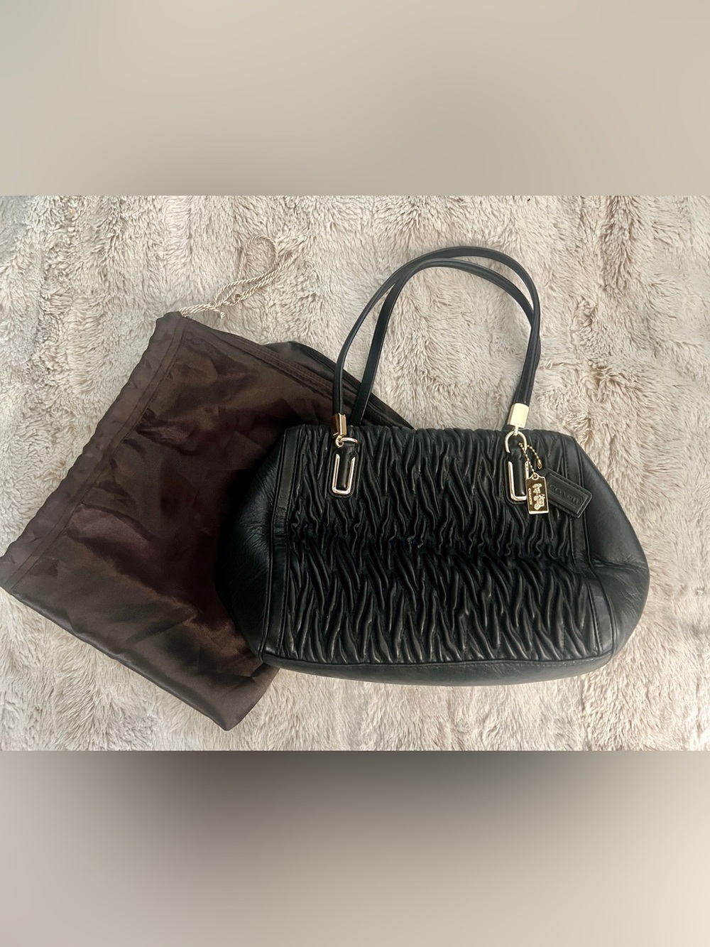 Coach Madison Gathered Black Leather Small Madeline Satchel with Gold Hardware